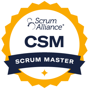 Scrum Alliance CSM Scrum Master certification badge with a gold, white, and blue design.