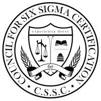 Seal of the Council for Six Sigma Certification featuring a balance scale, a book, a laurel branch, and a globe.