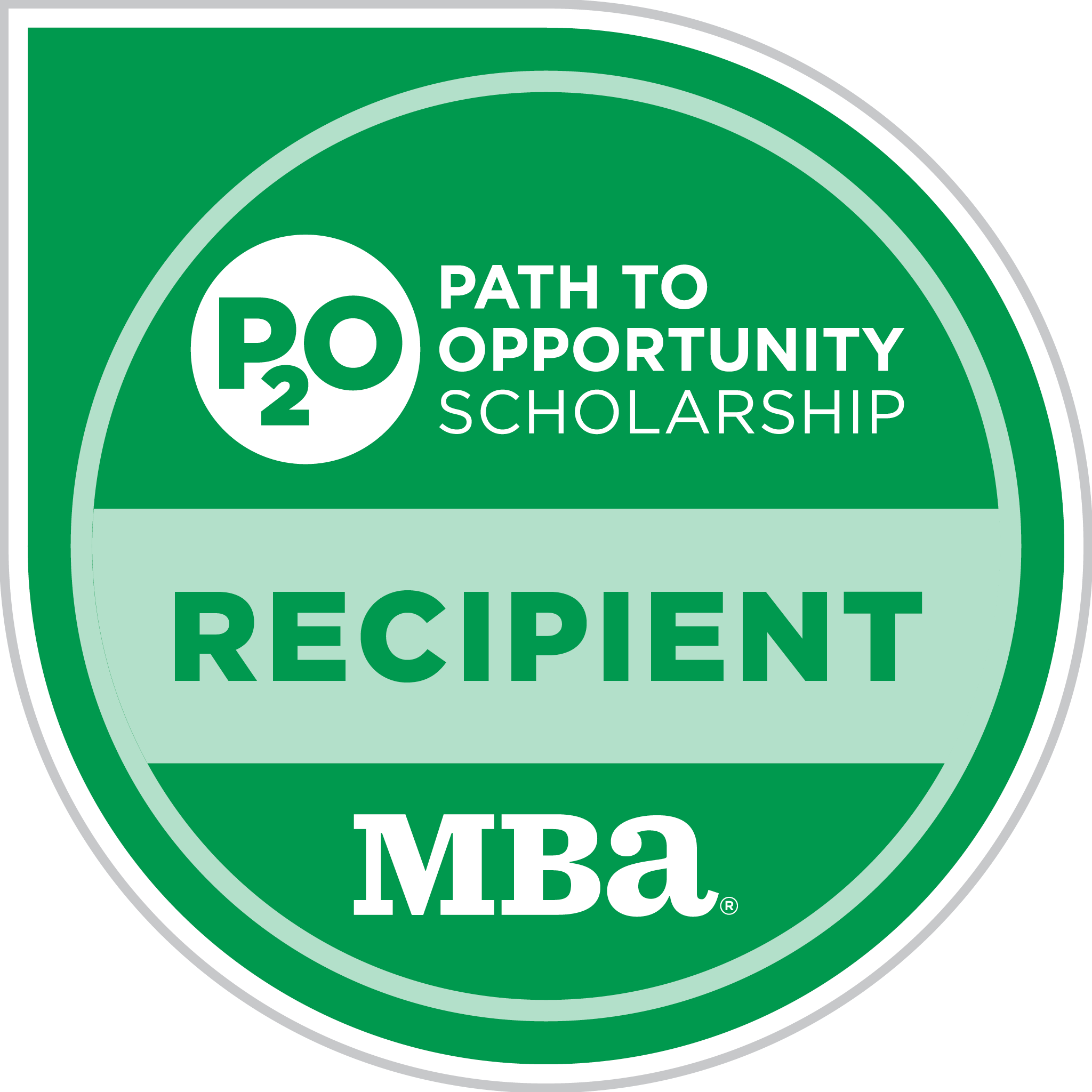 Green circular badge with white and dark green text indicating a scholarship recipient, related to 'Path to Opportunity' and 'PO2' with the 'MBA' logo at the bottom.