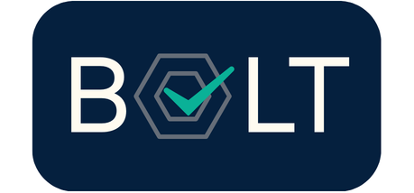 Bolt logo with a check mark inside a hexagon replacing the letter 'O'.
