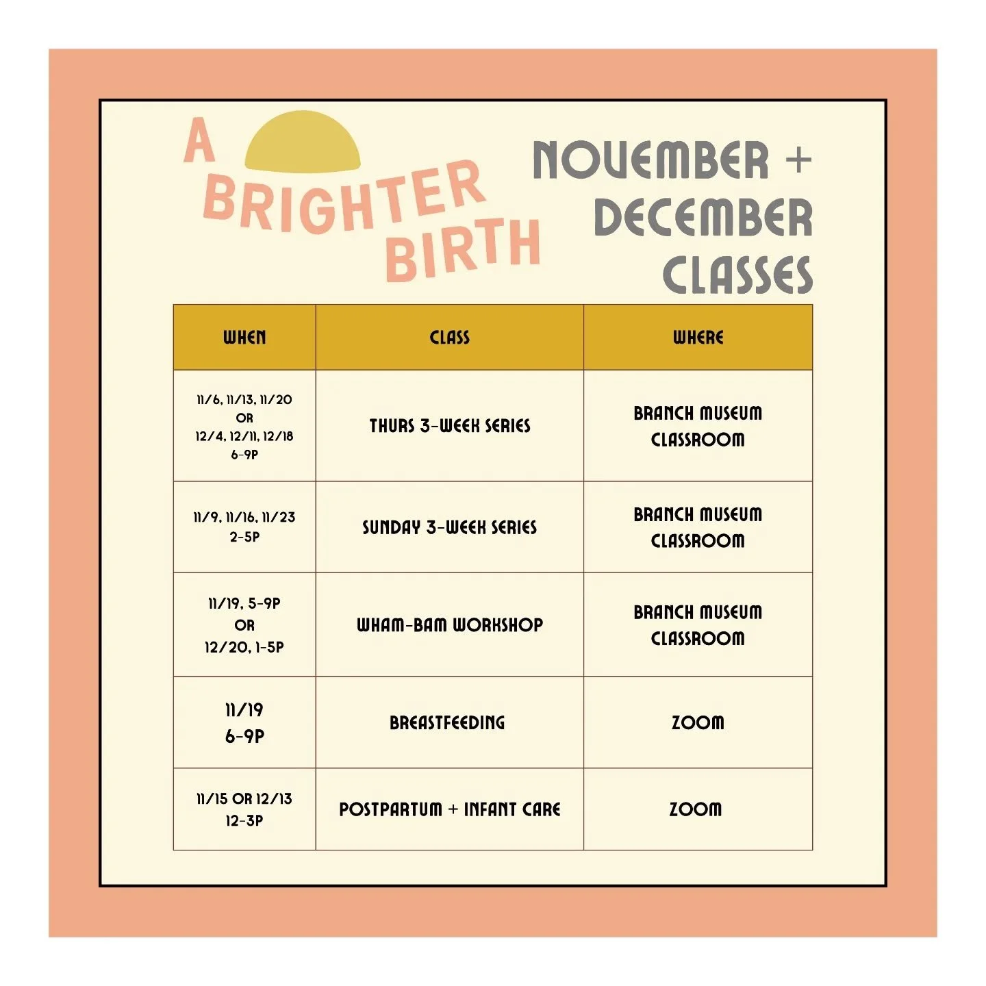 We can't believe we're already in the final months of 2025! Here's our class schedule for November + December: we know these months get busy so make sure you plan ahead and jump in these offerings before the year ends! If you've got a December due da