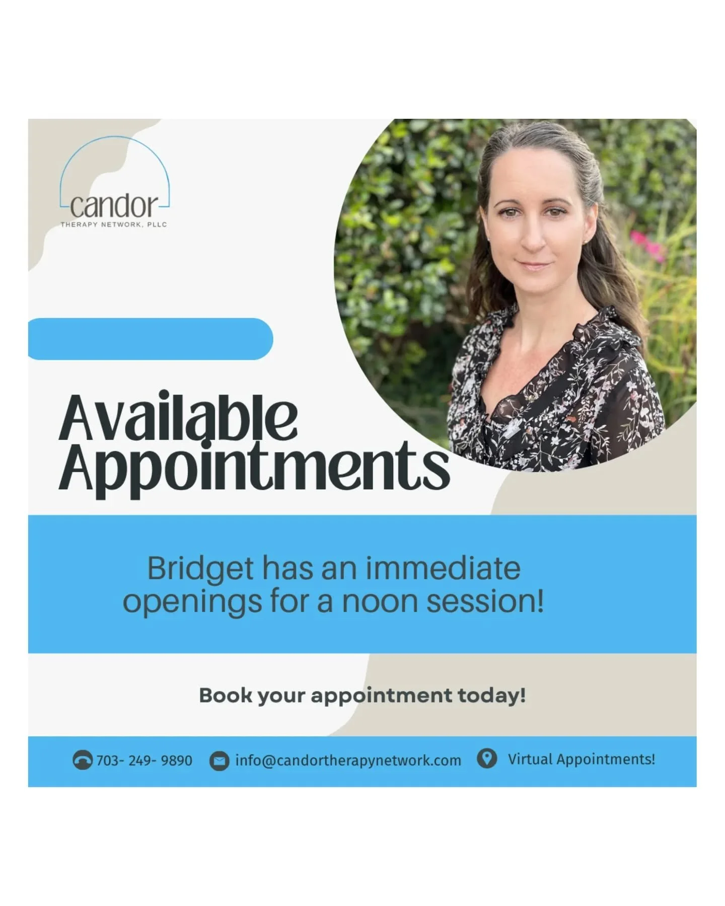 We currently have noon appointment times available for virtual therapy! @candortherapynetwork

If you've been waiting for a mid-day slot that fits your schedule, now's the time to reach out. Send a message or visit out website to schedule before it's