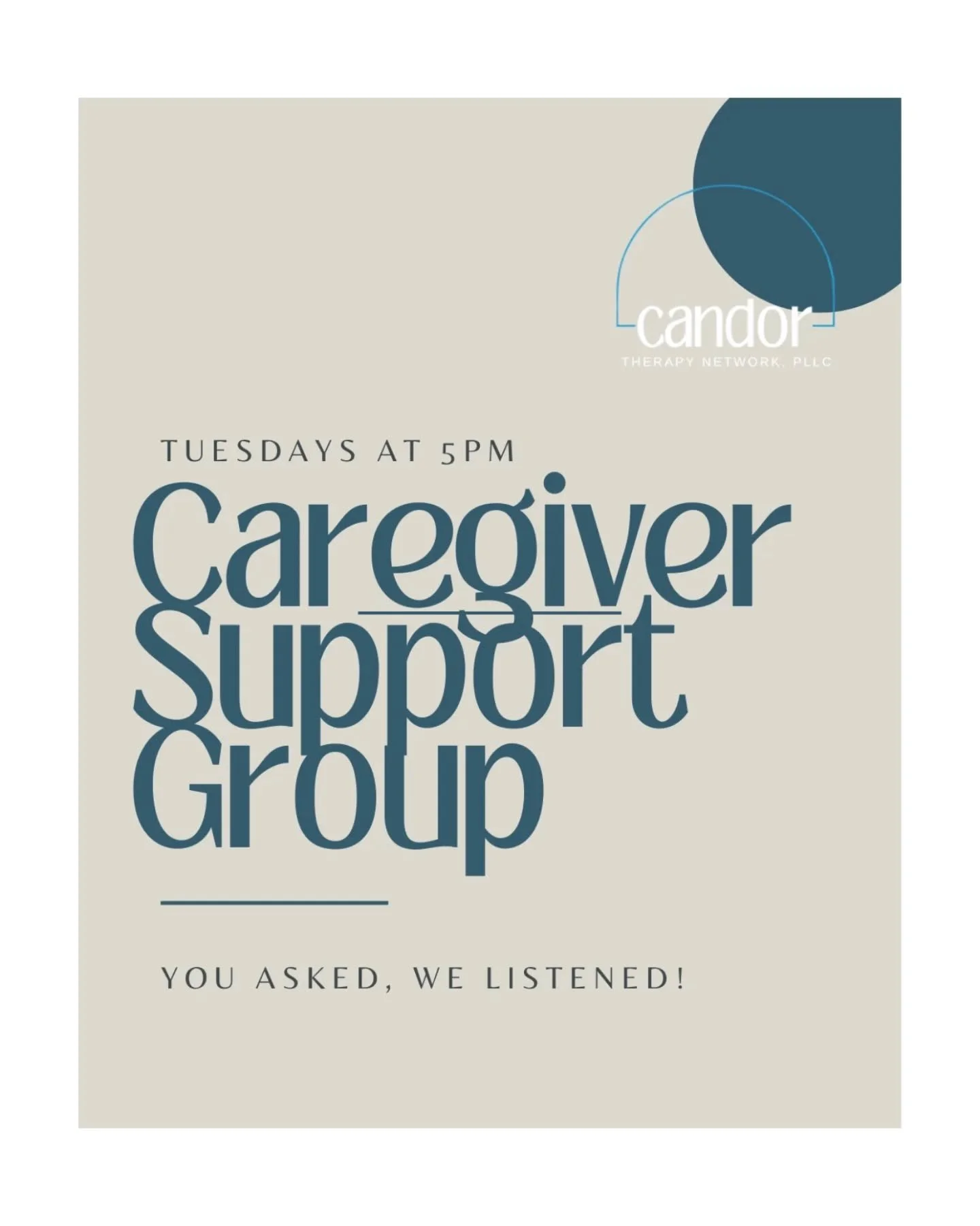 Caregiver Support Group 
Tuesdays at 5 PM | Co-Hosted by Morgan &amp; Srishti 
@candortherapynetwork

Caring for someone you love is hard&mdash;you don&rsquo;t have to do it alone. 

Connect with others, share your experiences, and get support to red