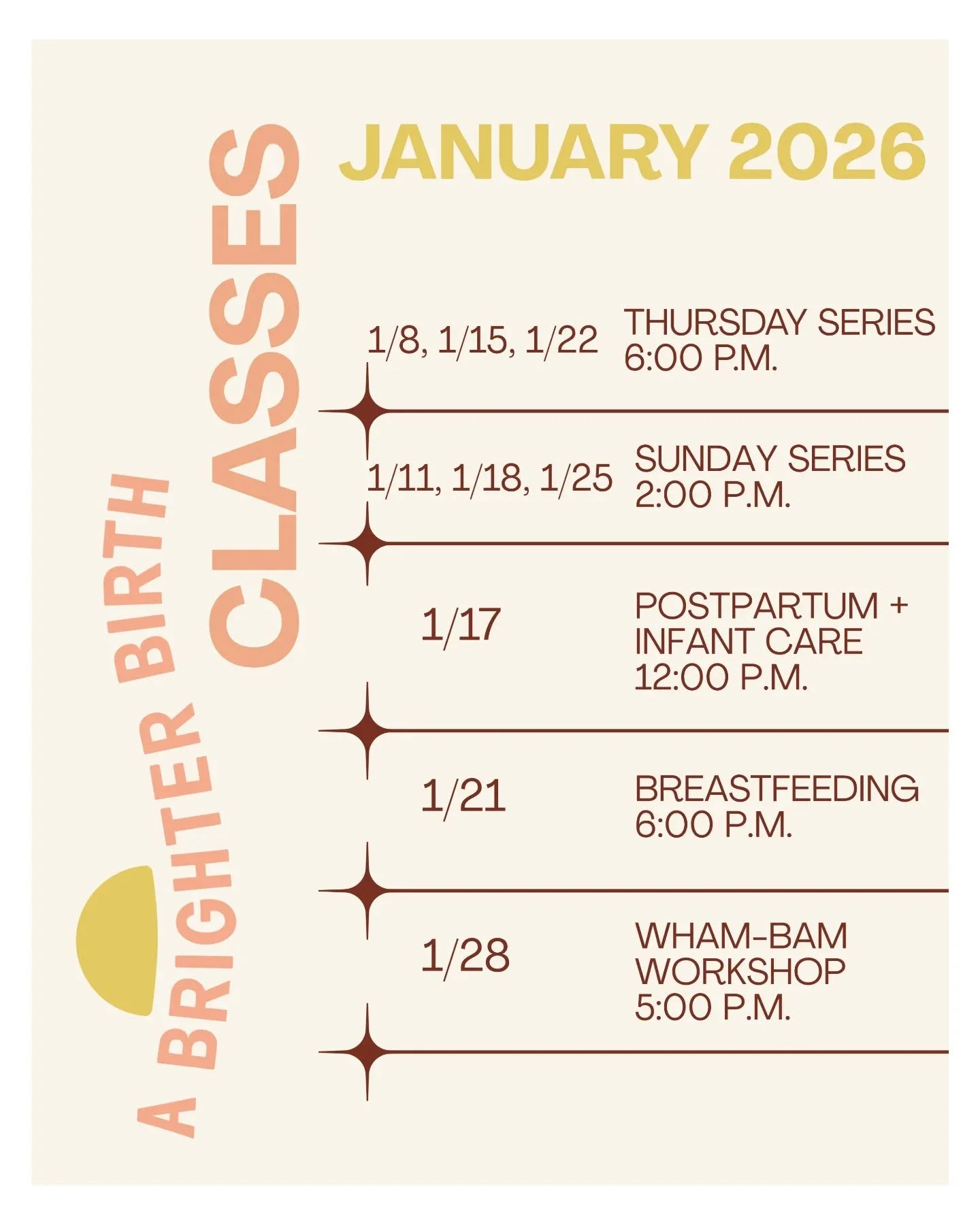 Kick off 2026 with us and jump in a class!

Here's our January schedule and you can find the rest of the year on our website ☀️

Have you been looking for comprehensive, unbiased, evidence based, out of hospital education leading up to your birth, fe
