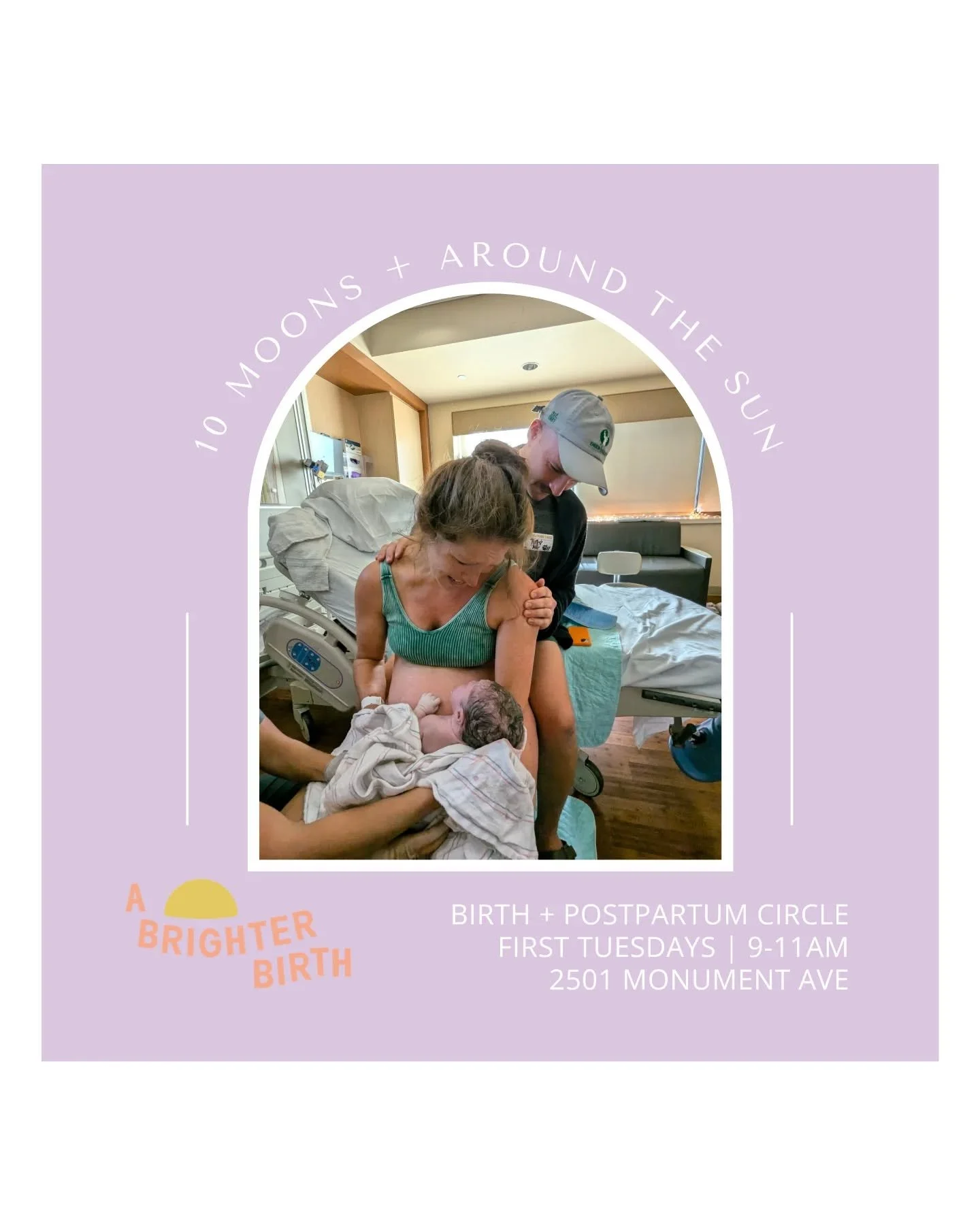 Our Birth + Postpartum Circle is tomorrow:
Tuesday 4/7 | 9-11am | in our beautiful + cozy space within the Branch Museum: 2501 Monument Ave 

10 Moons + Around the Sun is our free monthly support circle open to all! Pregnant folks and postpartum folk