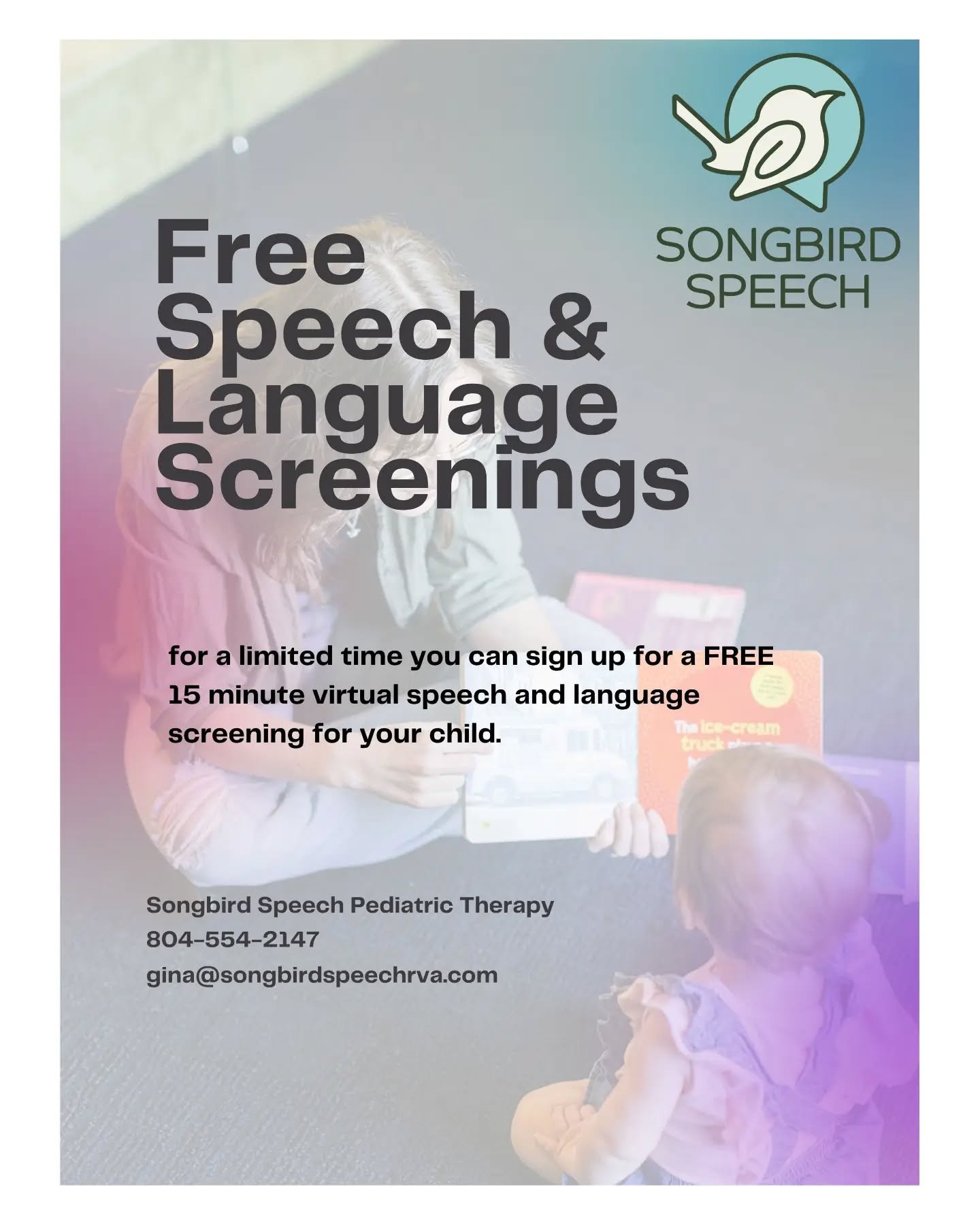 Have concerns for your child's speech and language development but don't know where to start? 

Schedule a *FREE* 15 minute virtual screening with @songbirdspeechrva Gina will answer your questions and help you get started on your child's speech ther