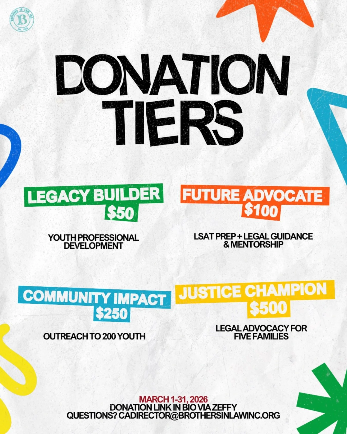 Every dollar tells a story, and every tier builds legacy.

As part of &ldquo;Honoring the Past, Empowering the Future,&rdquo; your gift directly fuels opportunity, access, and advocacy in real time. Here&rsquo;s what your impact looks like:
$50 suppo