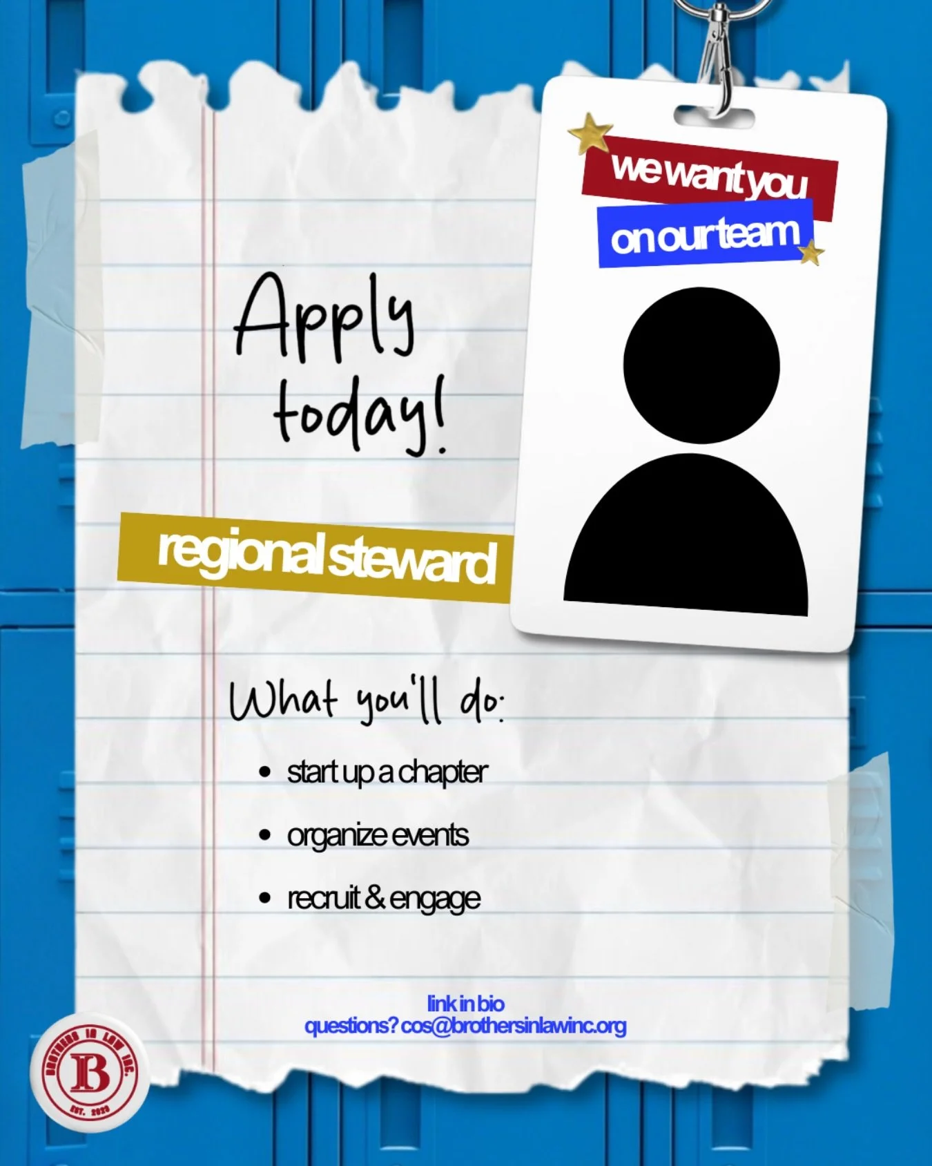 Your city needs a legal community. Why not help lead it? ⭐️

Brothers In Law is looking for Regional Hosts &amp; Stewards to help expand our network of aspiring legal professionals across the country. This is an opportunity to take initiative, build 