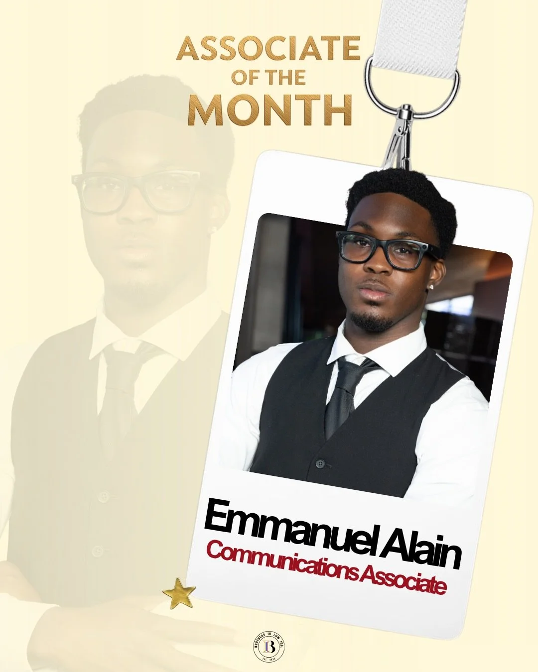 Brothers In Law moves as efficiently &amp; forcefully through the legal field because of Associates like Emmanuel Alain, an Associate in our Communications Department! ⭐️

On behalf of Brothers In Law, Inc., we are super proud to present our Associat