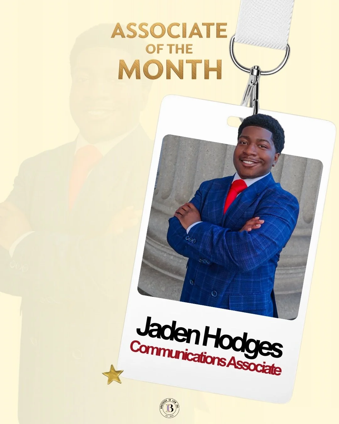 Brothers In Law moves as efficiently &amp; forcefully through the legal field because of Associates like Jaden Hodges, an Associate in our Communications Department! ⭐️

On behalf of Brothers In Law, Inc., we are super proud to present our Associate 