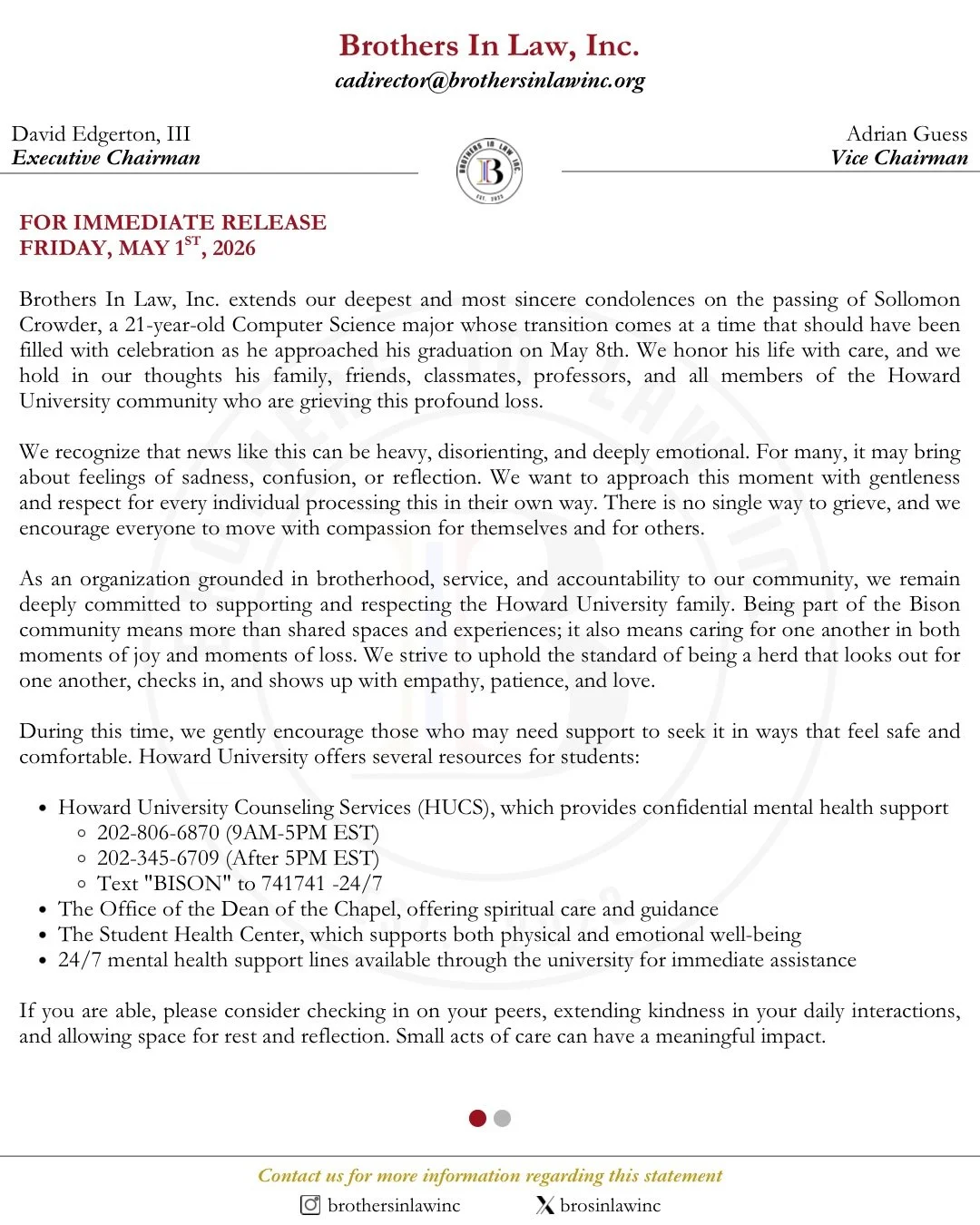 Statement regarding the passing of Sollomon Crowder. For student crisis assistance, please utilize Howard University&rsquo;s Counseling Services: (202) 806-6870 (9AM-5PM) or (202) 345-6709 (After 5PM).