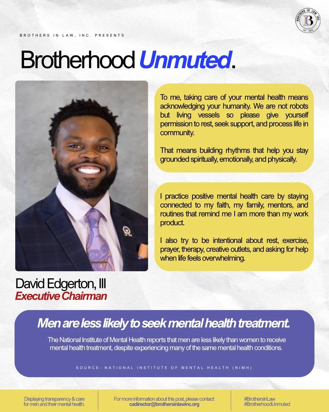 What does it mean to show up for your mental health as a man? 🧠

For our initiative entitled &ldquo;Brotherhood Unmuted,&rdquo; we speak with David Edgerton III and Shawn Dinwiddie to discuss the importance of prioritizing mental wellness, embracing
