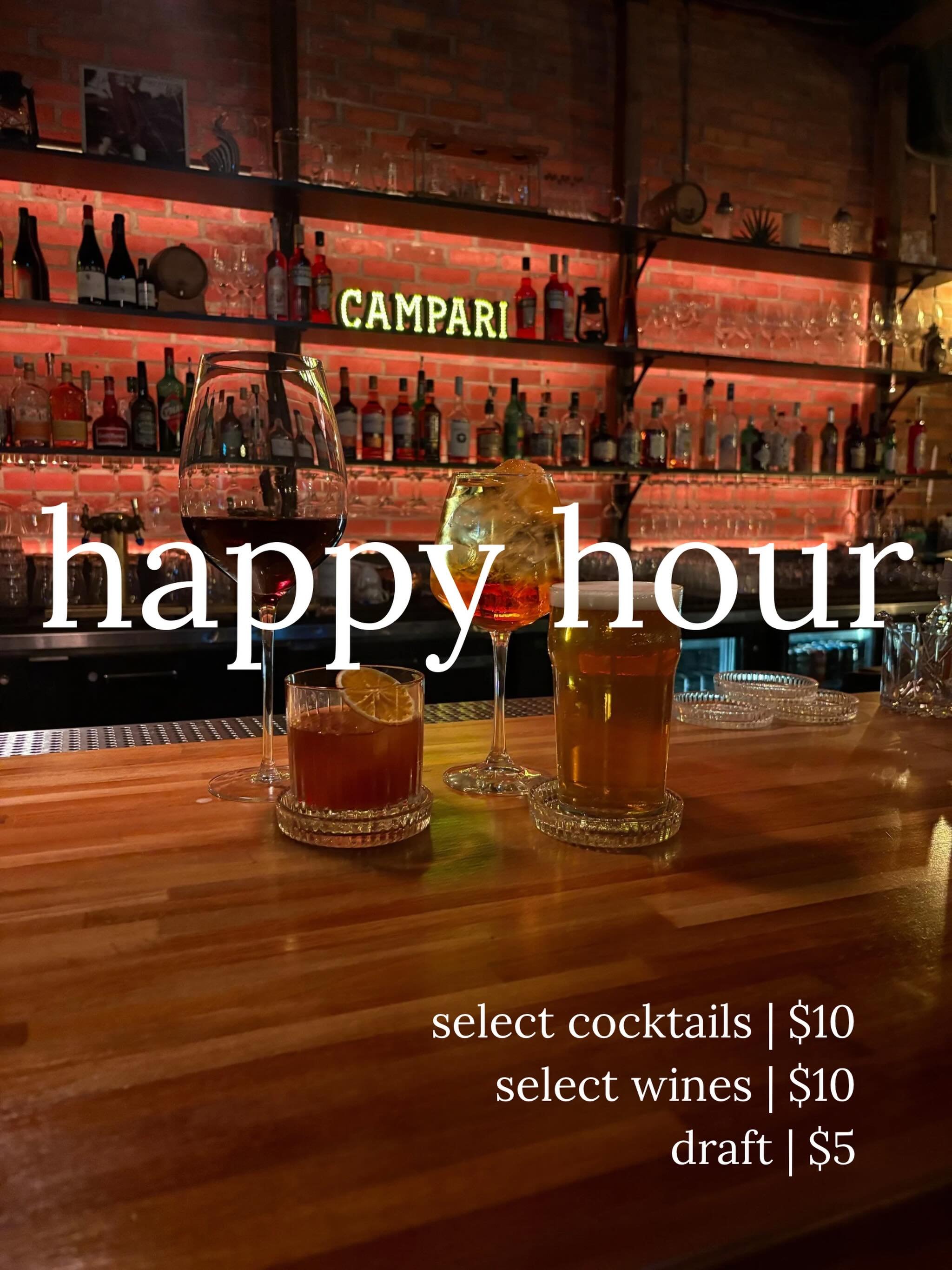 Starting this Tuesday, the lounge is officially open 5PM &lsquo;til late &mdash; Tuesday through Saturday 🍸

And Happy Hour is finally here!

Tuesday&ndash;Saturday | 5PM&ndash;7PM
$10 select cocktails
$10 select wines
$5 draft

Coffee by day, cockt