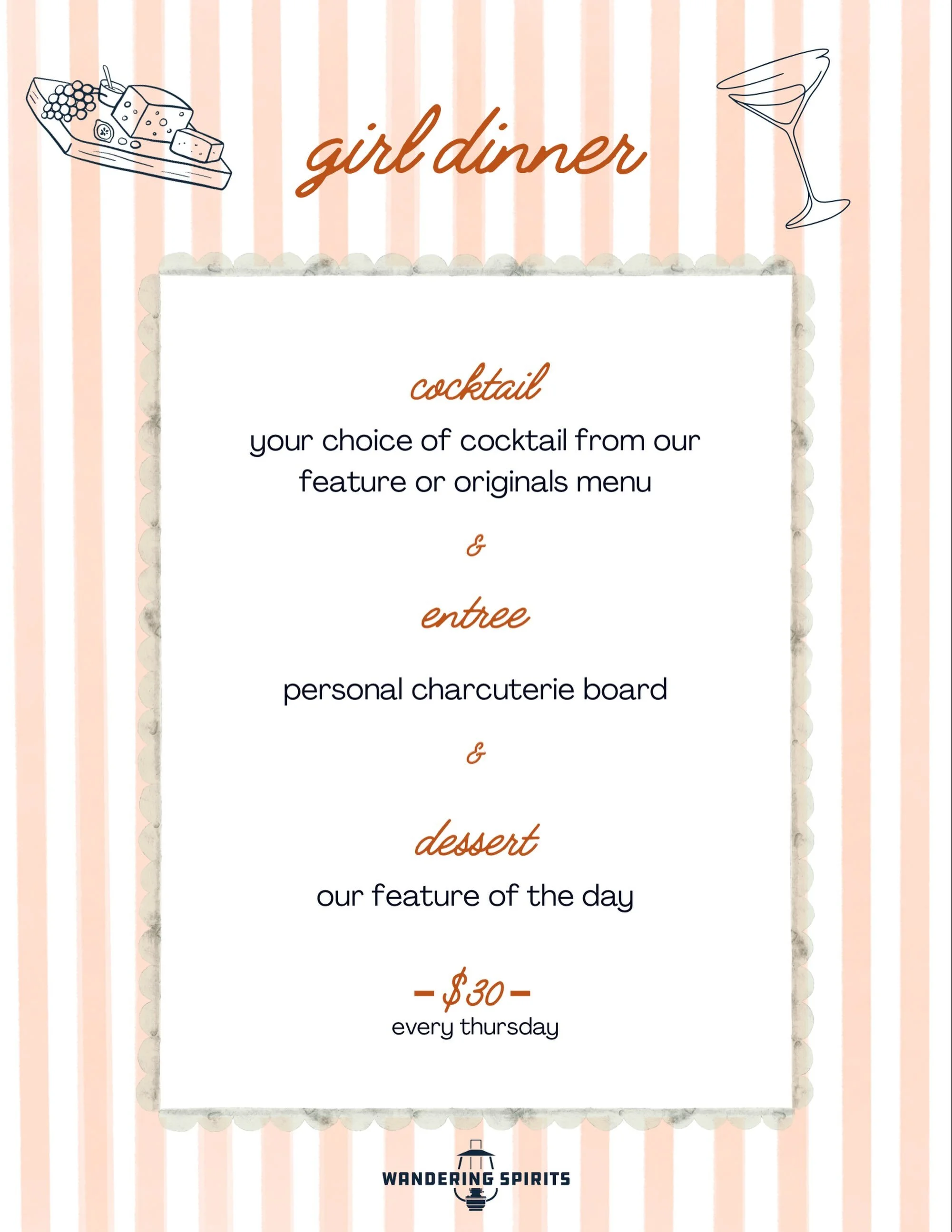 Soft launch your Thursday obsession. 

For $30:
 🍸 Your favorite cocktail. 🧀 A personal charcuterie board. 🍰 Dessert.

Every Thursday at Wandering Spirits.

&mdash;&mdash;
#cocktailbar #girldinner 

Lounge // 5pm to late