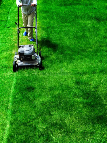 Person wearing gray pants and blue shoes pushing a grass lawn mower on a green lawn.