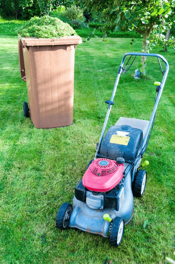 Lawn mower on grass next to a brown trash can filled with yard debris in a backyard garden with trees and greenery.