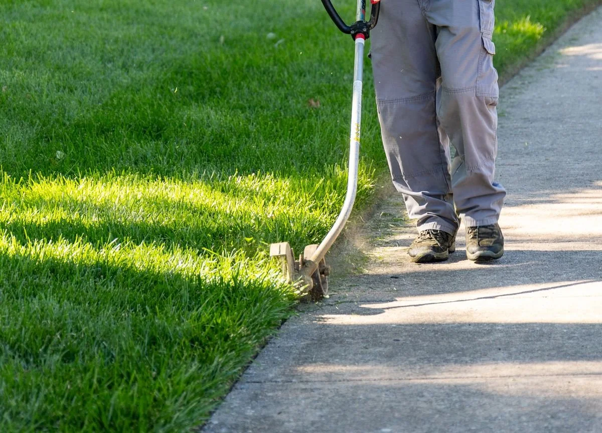 Person trimming grass with a string trimmer along a sidewalk in a grassy yard.