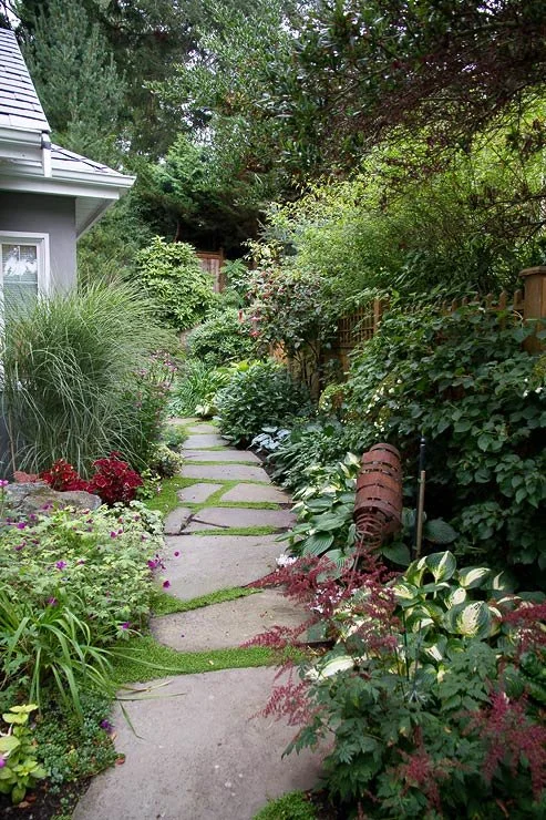 A garden path with stepping stones winding through lush greenery and colorful flowers, bordered by bushes and trees.