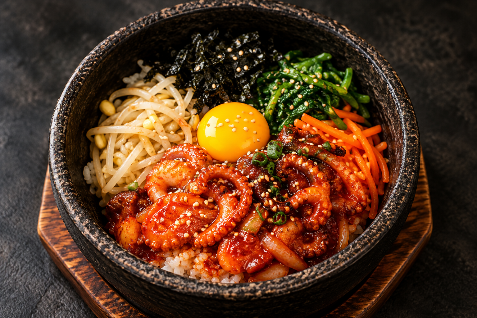 A bowl of Korean bibimbap with vegetables, spicy seafood, an egg yolk, and sesame seeds on rice.