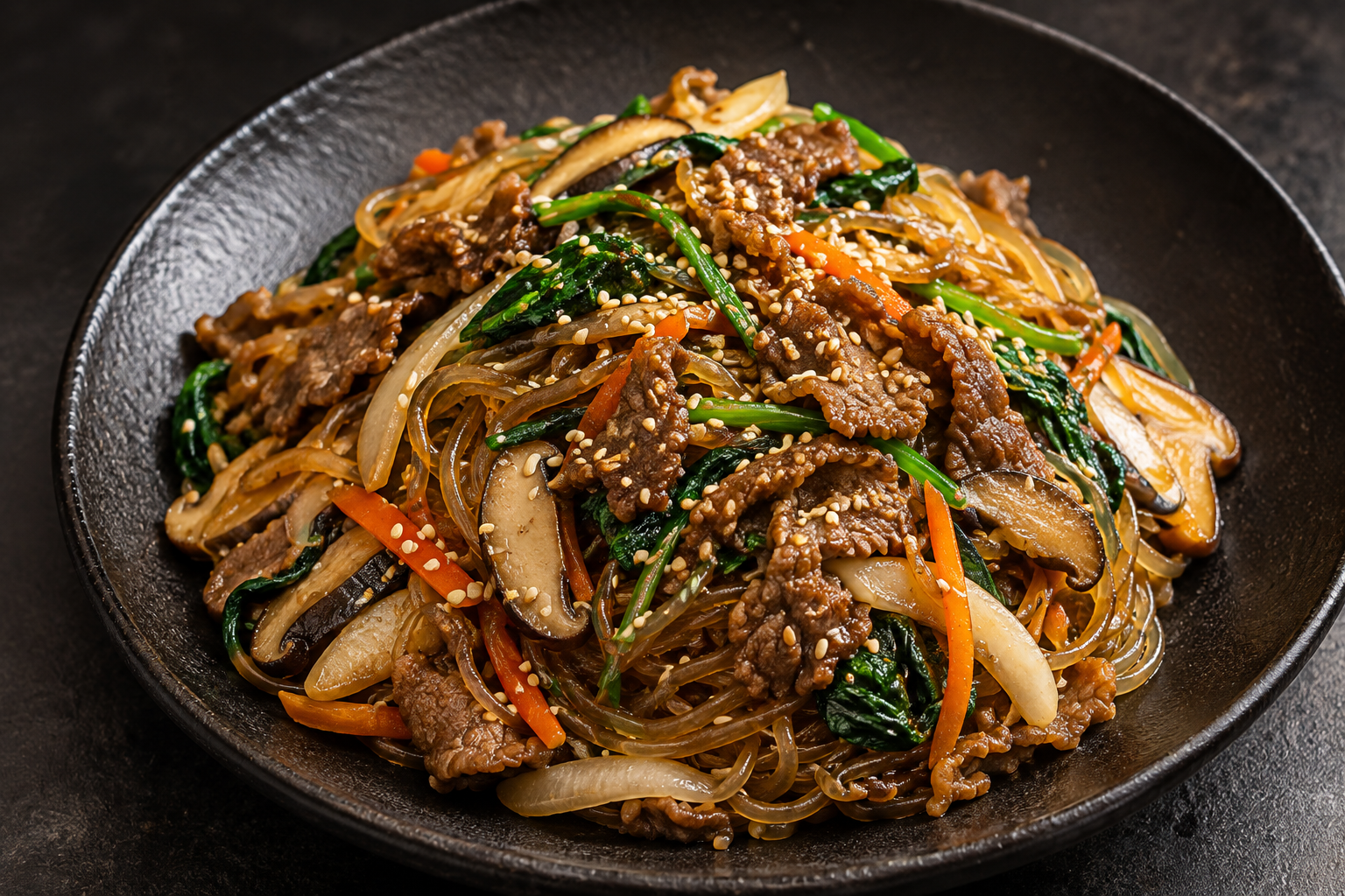 Stir-fried Asian noodles with vegetables and meat, sprinkled with sesame seeds in a black bowl.