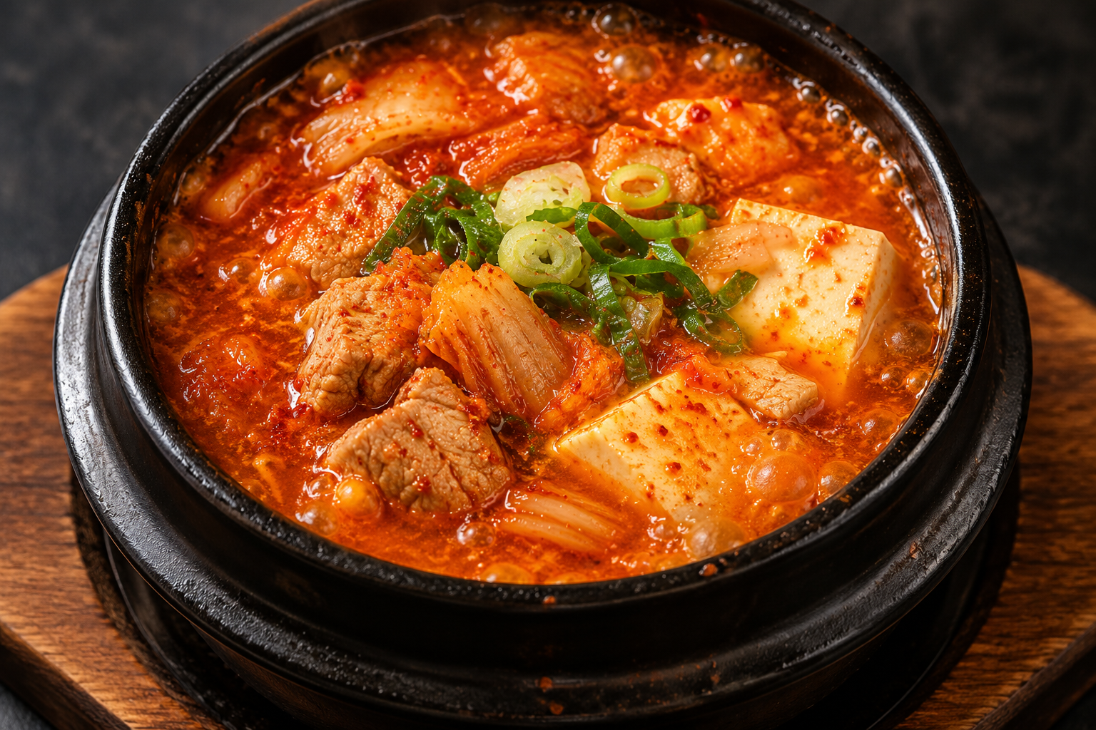 A bowl of spicy Korean tofu stew with pork, kimchi, green onions, and vegetables in a black bowl on a wooden tray.
