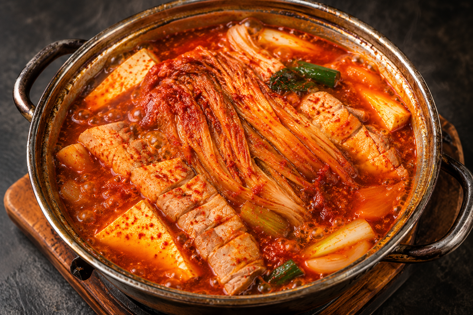 A pot of spicy Korean kimchi stew with tofu, pork, and vegetables