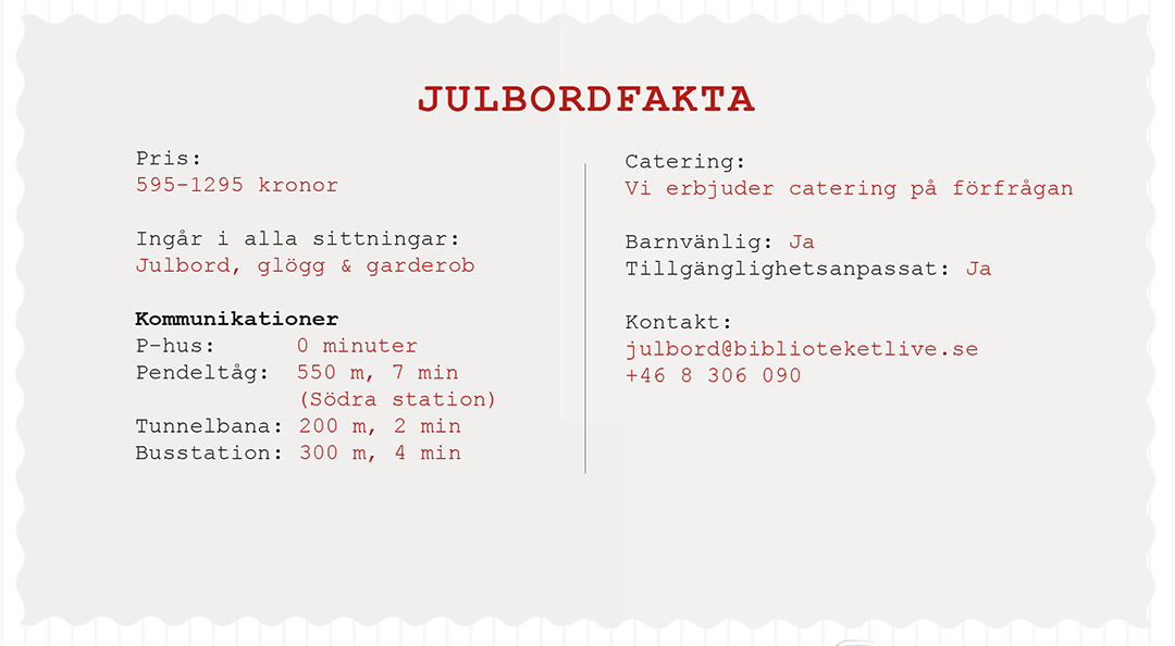 Det är en julbordsfakta med information om priser, sittplatser, kommunikationer, catering, barnvänlighet och kontaktuppgifter. Den är utformad som ett julbord med snö- och julrelaterad design.