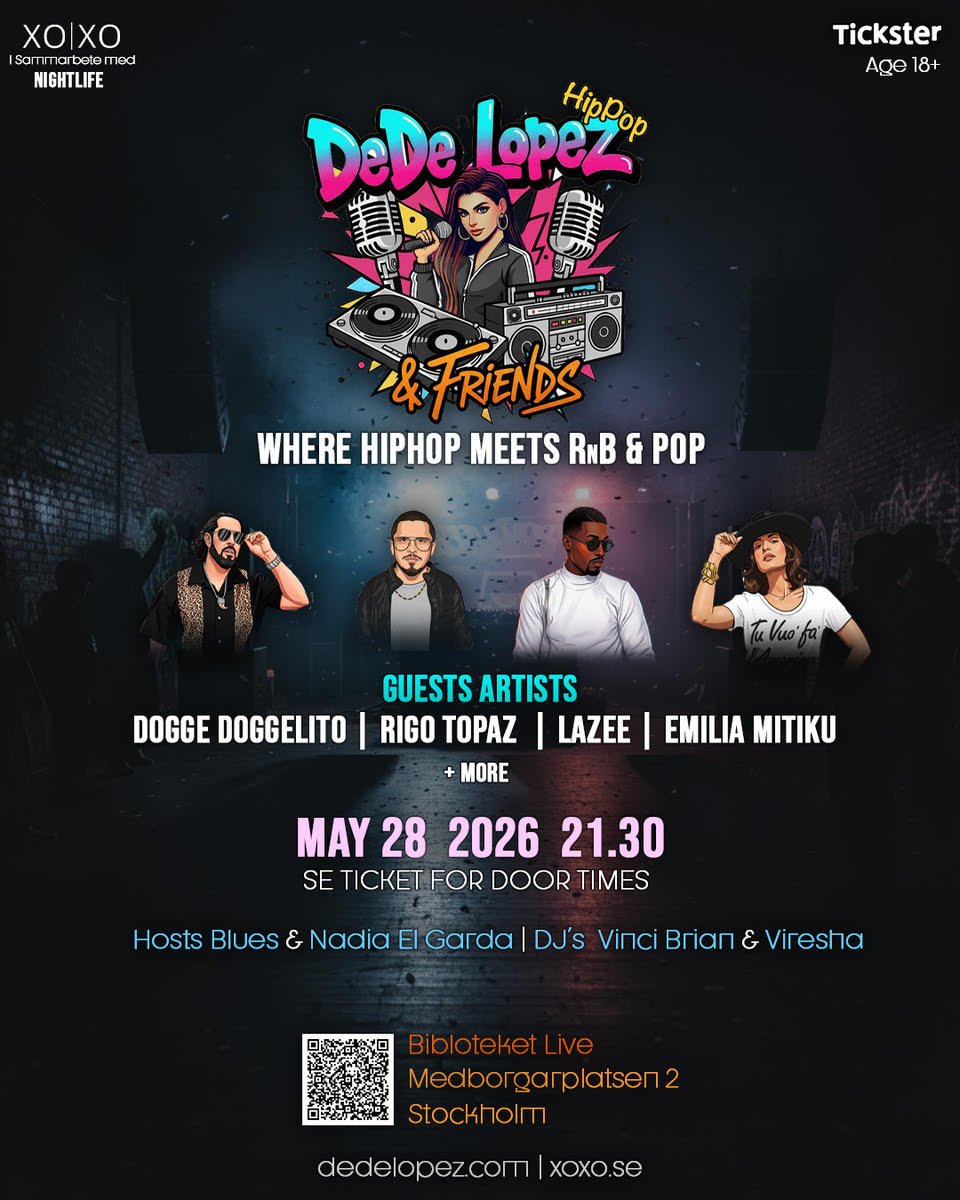 Affisch för ett hiphop- och RnB-konsert med DeeDe Lopez och vänner, inklusive gästartister Dogge Doggelo, Rigo Topaz, Emilia Mitiku och Alica Bocio, den 28 maj 2026 klockan 21:30 på Medborgarplatsen 2, Stockholm, organiserad av XO XO och Tickster.