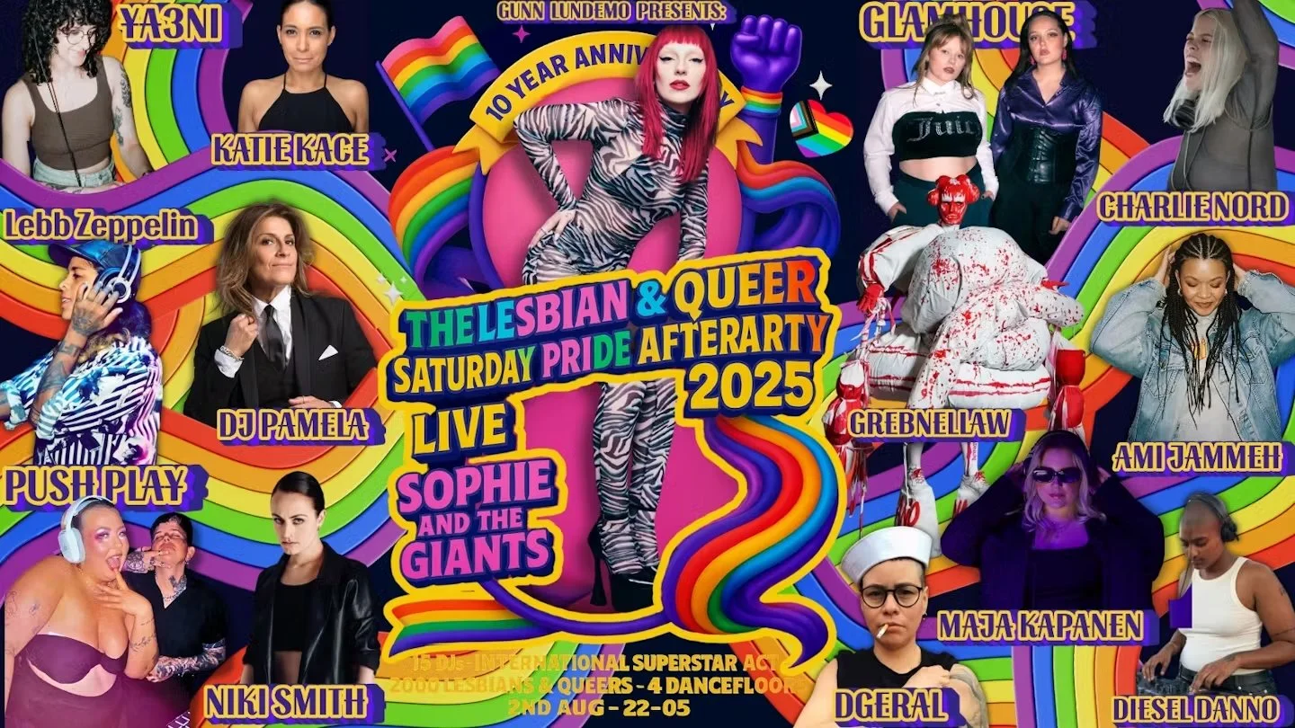 Colorful poster for the Lesbian & Queer Saturday Pride Afterparty 2025 featuring photos of various performers and icons, including Sophie and the Giants, Lebb Zeppelin, DJ Pamela, Push Play, Nikki Smith, and others, with rainbow patterns and vibrant graphics.