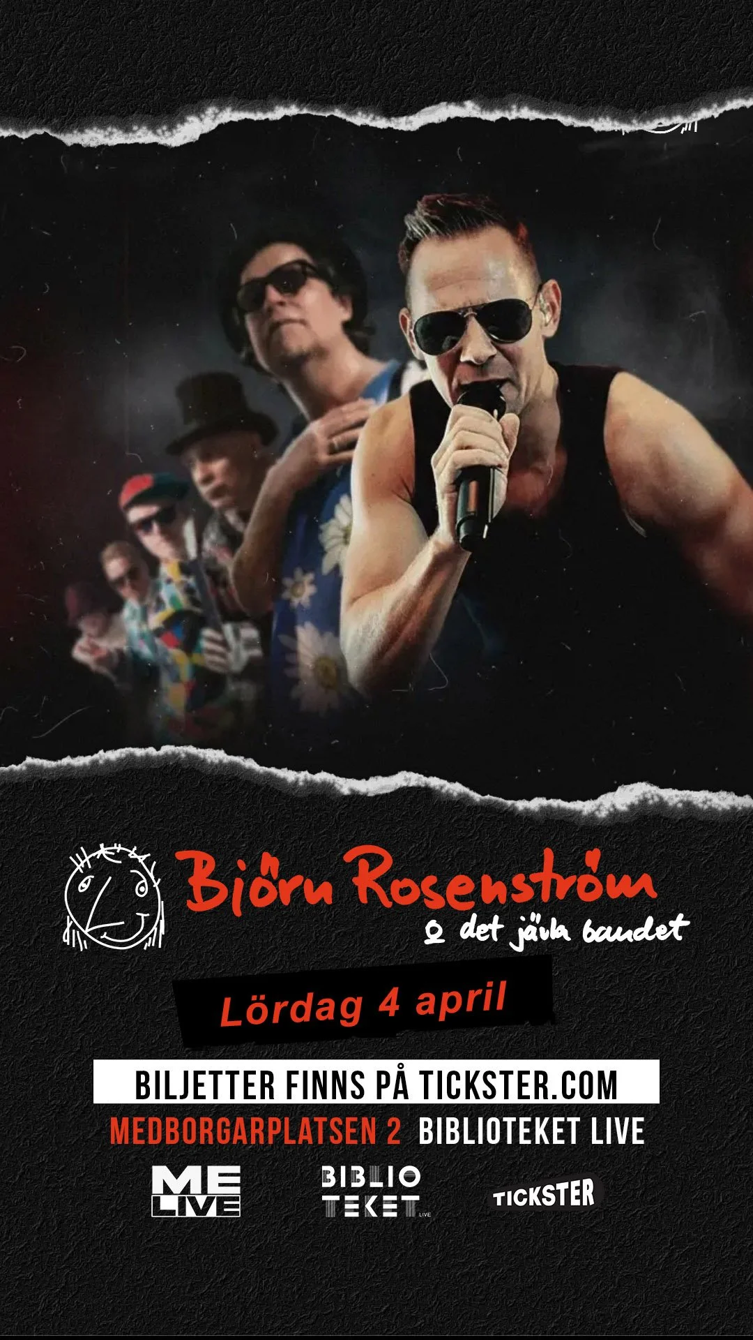 An advertisement for a music event featuring Björn Rosenström and band, scheduled for Saturday, April 4th, at Medborgarplatsen 2, with tickets available on Tickster.com and other details in Swedish.