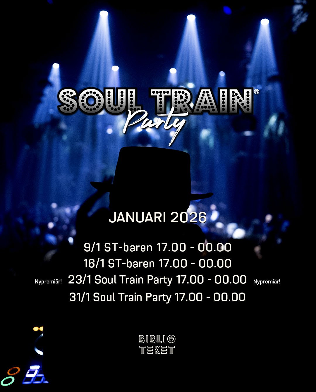 People dancing at a Soul Train Party with green and yellow laser lights and a DJ in the foreground wearing a hat.