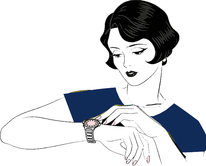 En tecknad illustration av en kvinna som tittar på sin armbandsklocka.