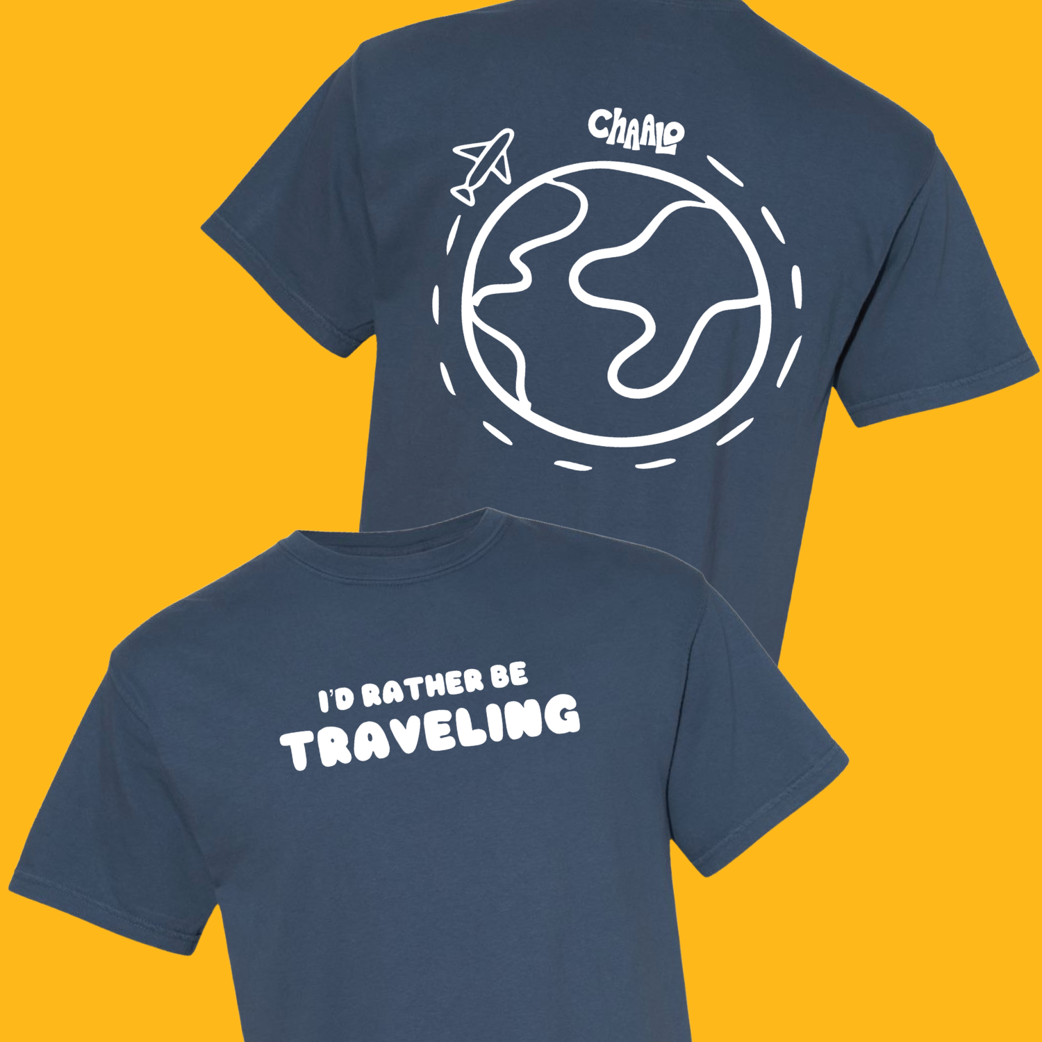 Dark blue t-shirt with "I'D RATHER BE TRAVELING " on the front, and a globe with a plane flying around it on the back.