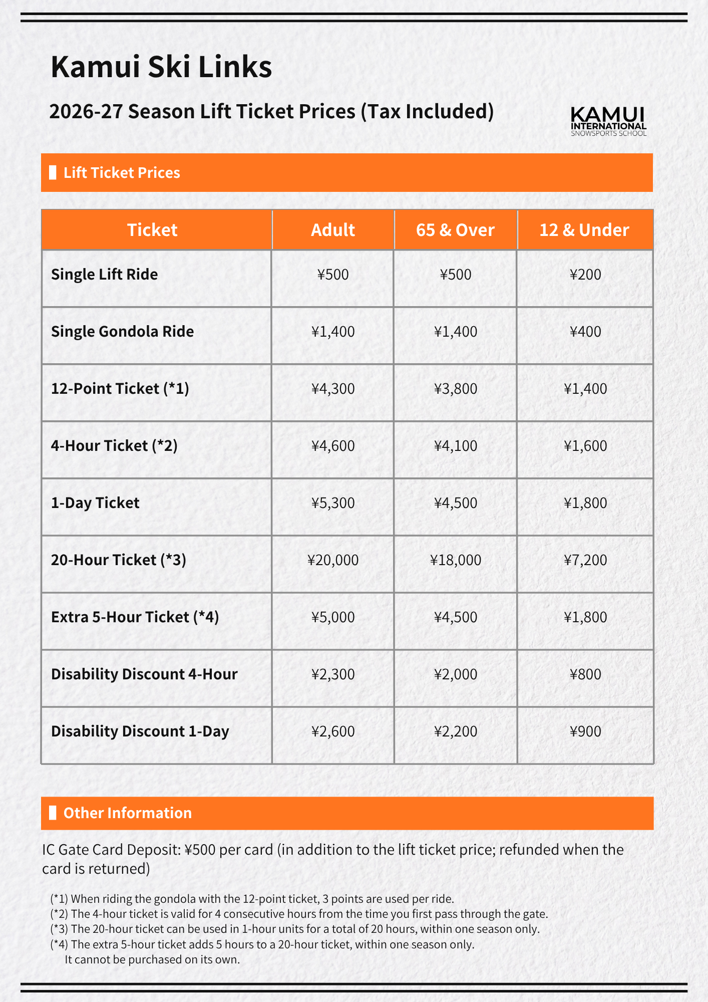 Kamui Ski Links 2026-27 Lift Ticket Prices