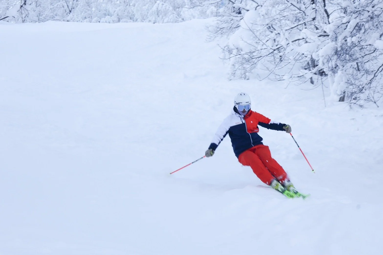 A person wearing a white helmet, goggles, a navy blue, red, and white jacket, and red ski pants skiing on a snowy slope.