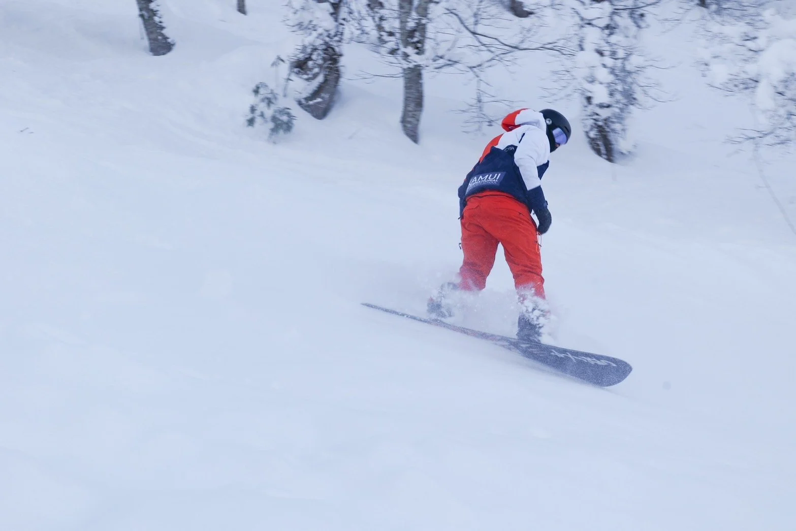A person skiing downhill on a snow-covered slope, wearing red pants, a white jacket with blue accents, a helmet, and goggles, with snow and trees in the background.