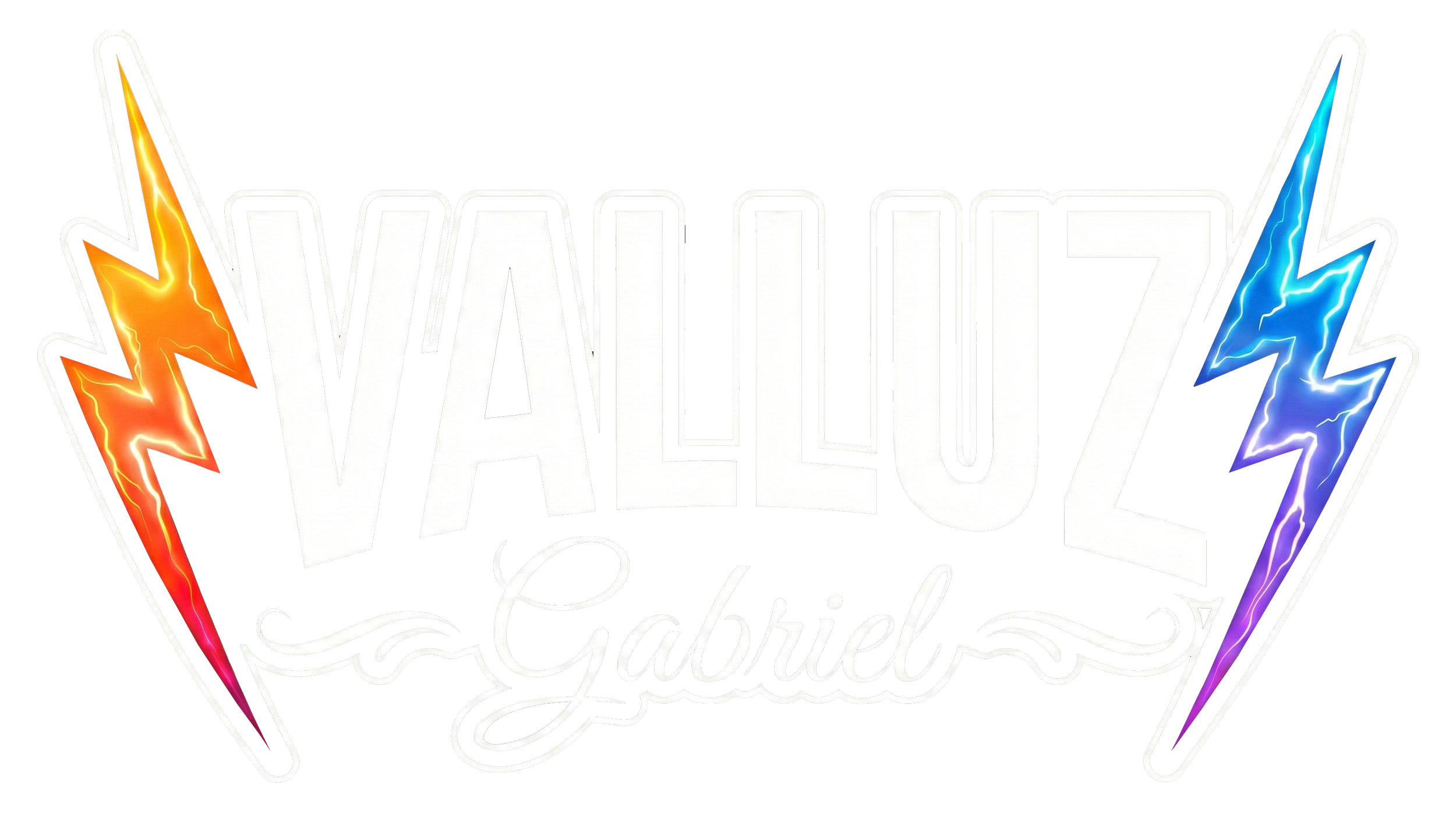 Design com o texto 'VALLUZ' em letras grandes e brancas, ladeado por dois relâmpagos coloridos, um em amarelo e laranja e outro em azul e roxo, com o nome 'Gabriel' em letras cursivas na parte inferior.