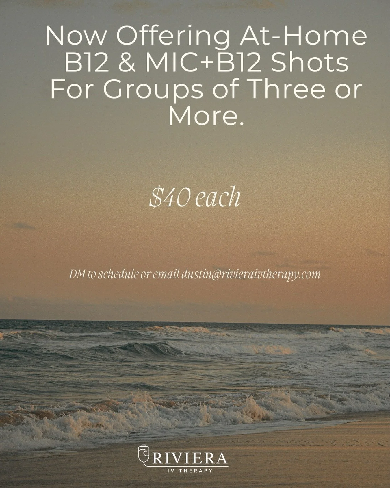 ✨ New: At-Home B12 &amp; MIC+B12 Shots

Due to high demand, Riviera IV Therapy is now offering at-home B12 and MIC+B12 injections for groups of three or more, priced at $40 each.

Perfect for friends, family, coworkers, fitness partners, or pre-event