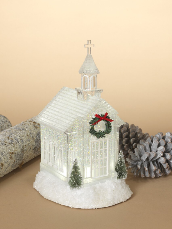 10.75"H B/O Lighted Spinning Water Globe Church