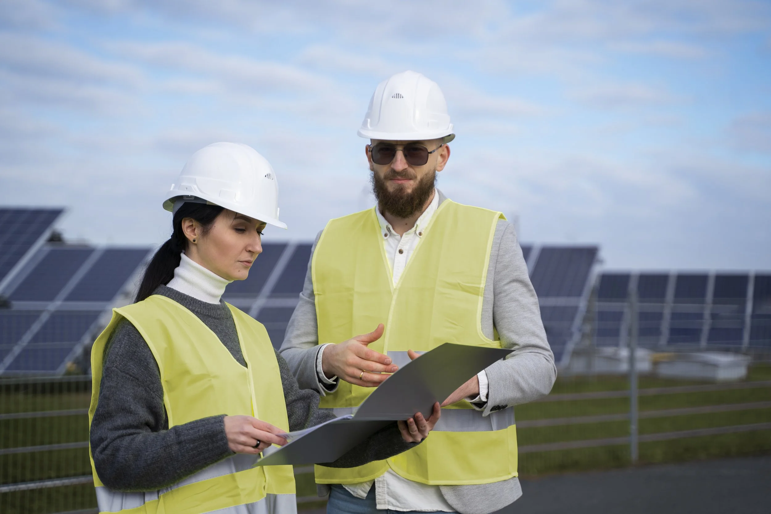 solar-panel-recycling-medium-shot-engineers-discussing-plan