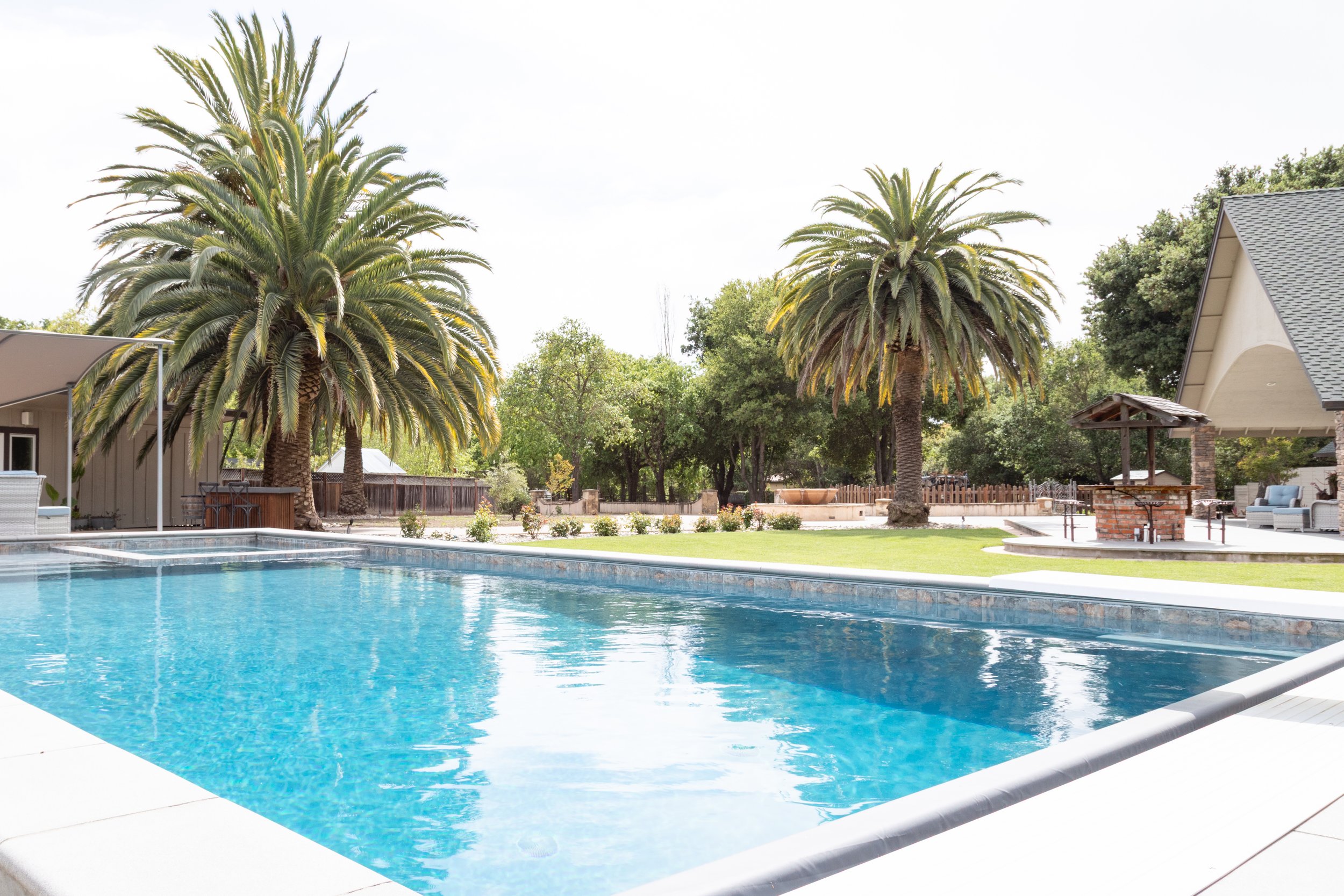 Backyard with swimming pool, tall palm trees, green lawn, and a house with a shaded outdoor seating area and brick barbecue.