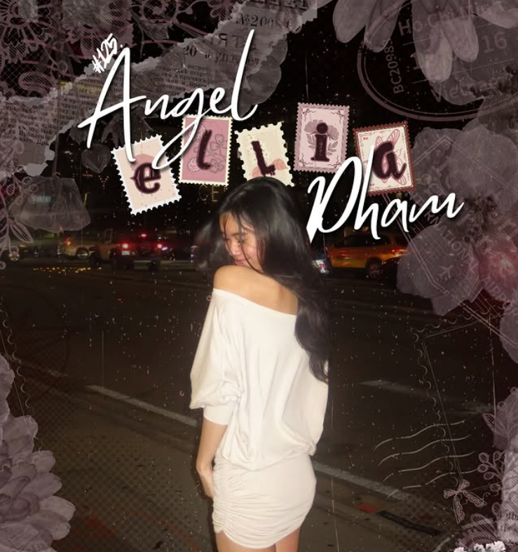 A woman with long dark hair wearing a white blouse, surrounded by iridescent, holographic fabric, standing in front of a background with the text 'kye da ✦ #114 Joann Wong' and 'SPRING 2025 UMBc aKDPhi'.