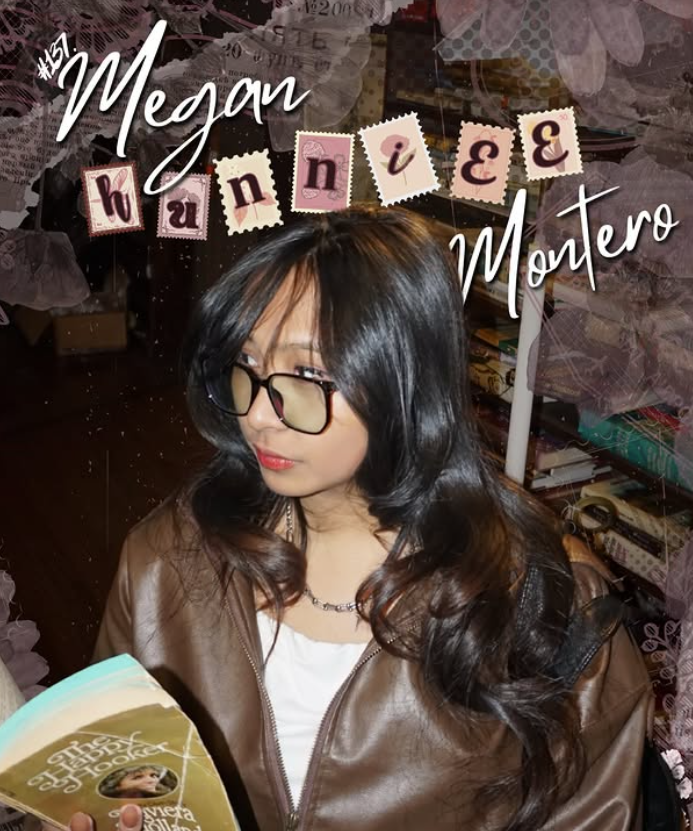 A woman with black hair and earrings in a white slip dress, posing with her eyes closed against a holographic, iridescent backdrop with text that reads 'ellia +125 Angel Pham.' The photo includes text at the bottom left that says 'SPRING 2025' and at the bottom right 'UMBC aKDPhi'.