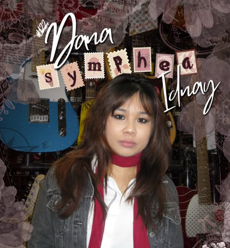 A young woman in a white dress sitting against a colorful, iridescent backdrop with neon lights. Text overlay includes 'Balenci,' the address '113 San Seng Nahpaw,' 'Spring 2025,' and 'UMBC aKDPhi'.