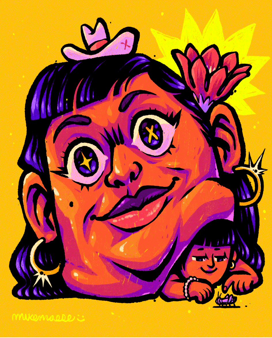 Retrato de mujer con sombrero y flor, debajo una niña acariciando a un insecto