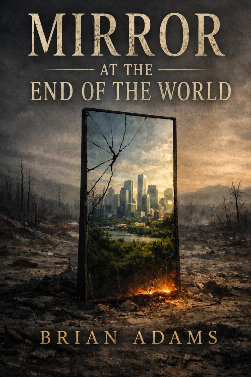 A dystopian scene with a cracked mirror reflecting a city skyline amidst barren, smoky earth with some green foliage.