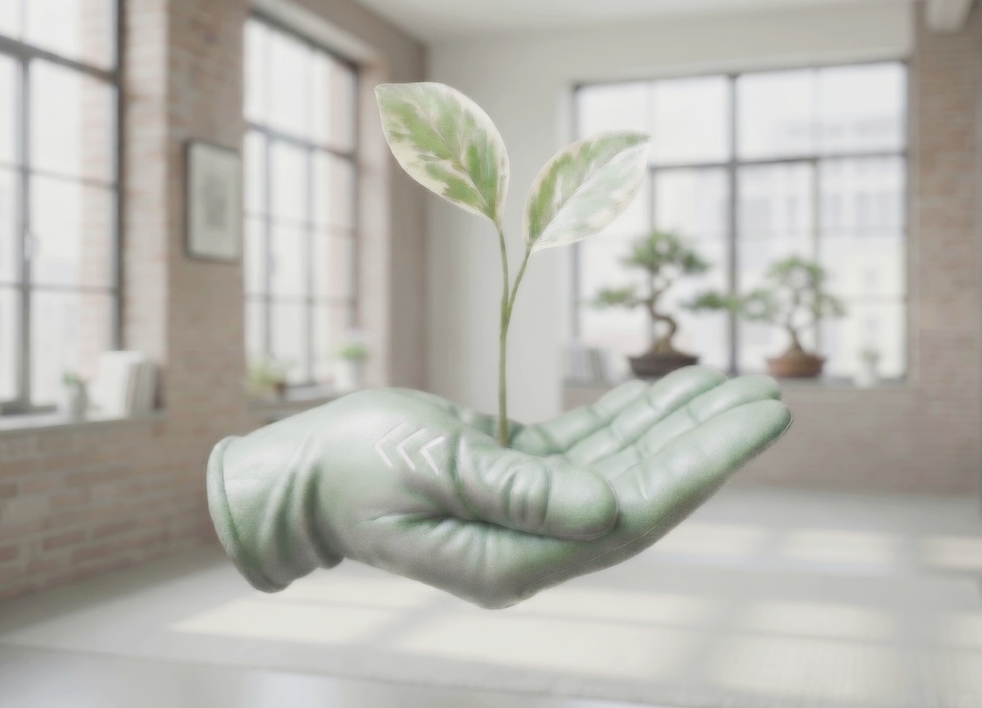 A stylized illustration of a hand holding a small plant with two leaves, symbolizing growth and sustainability.