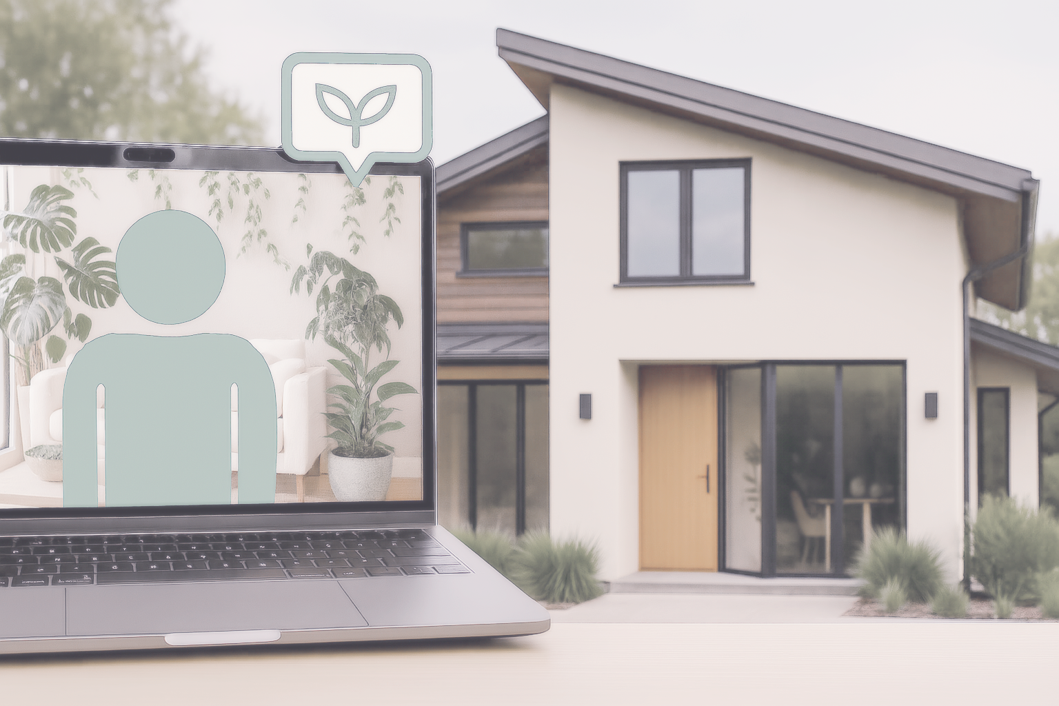 Graphic illustration of a person on a laptop with a speech bubble containing a plant symbol, and a house with plants outside, representing eco-friendly or sustainable living.