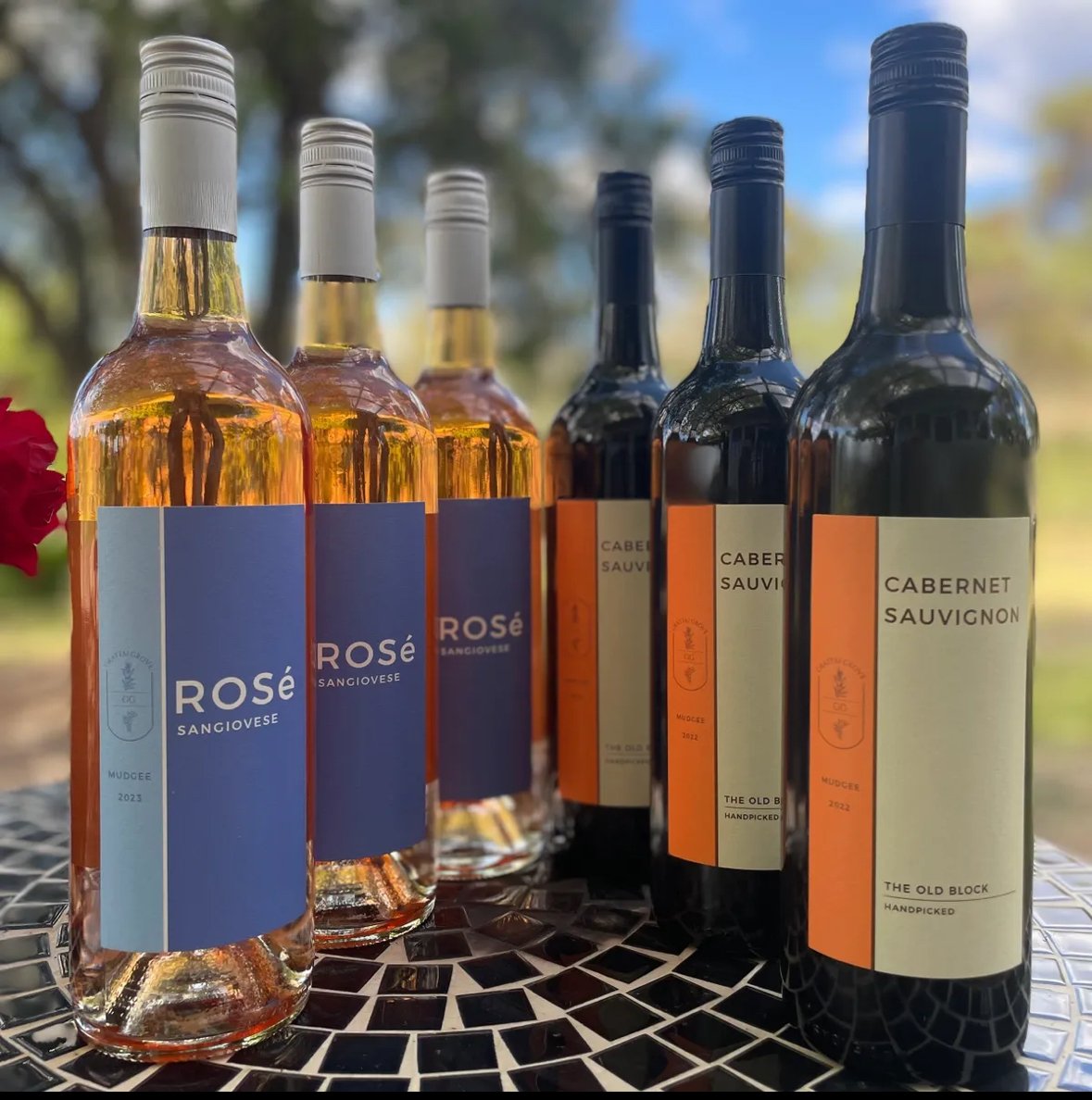 Six bottles of wine, three labeled 'Rosé Sangiovese' and three labeled 'Cabernet Sauvignon,' placed on a decorative metal table outdoors with a blurred background of trees and a blue sky.