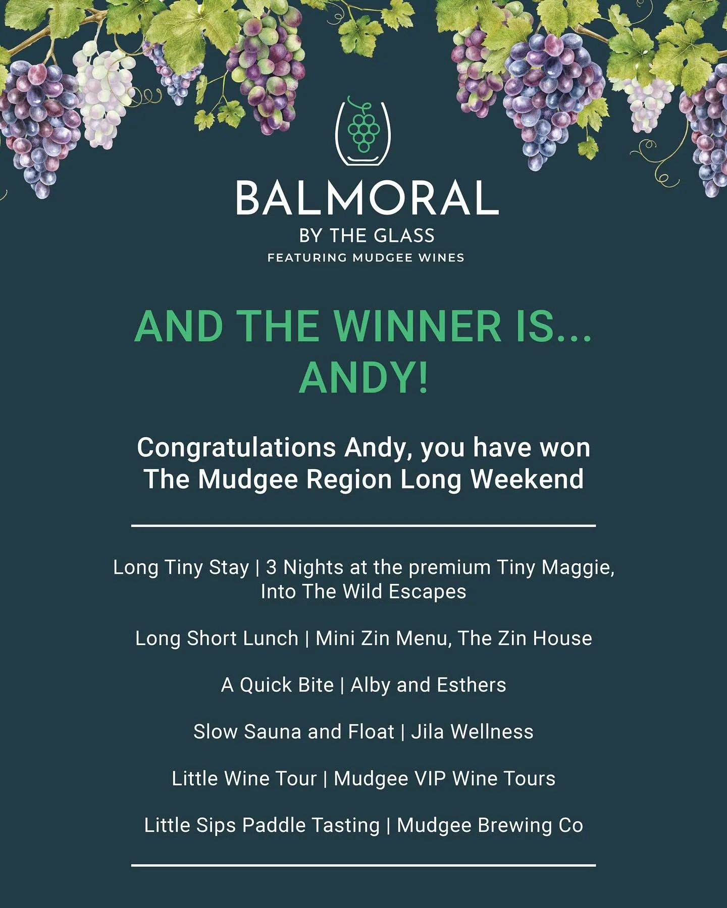 Thanks to everyone that entered this amazing Mudgee Region competition!

Huge congrats to Andy for winning this incredible prize 👏🎉

@mudgeeregion 
@in2thewild.aus 
@thezinhouse 
@albyandesthers 
@jilawellness 
@mudgeevipwine 
@mudgeebrewingco